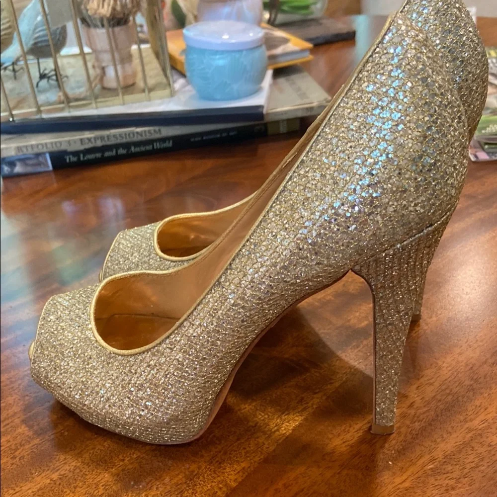 Badgley Mischka Glittering Gold Peep-Toe Heels